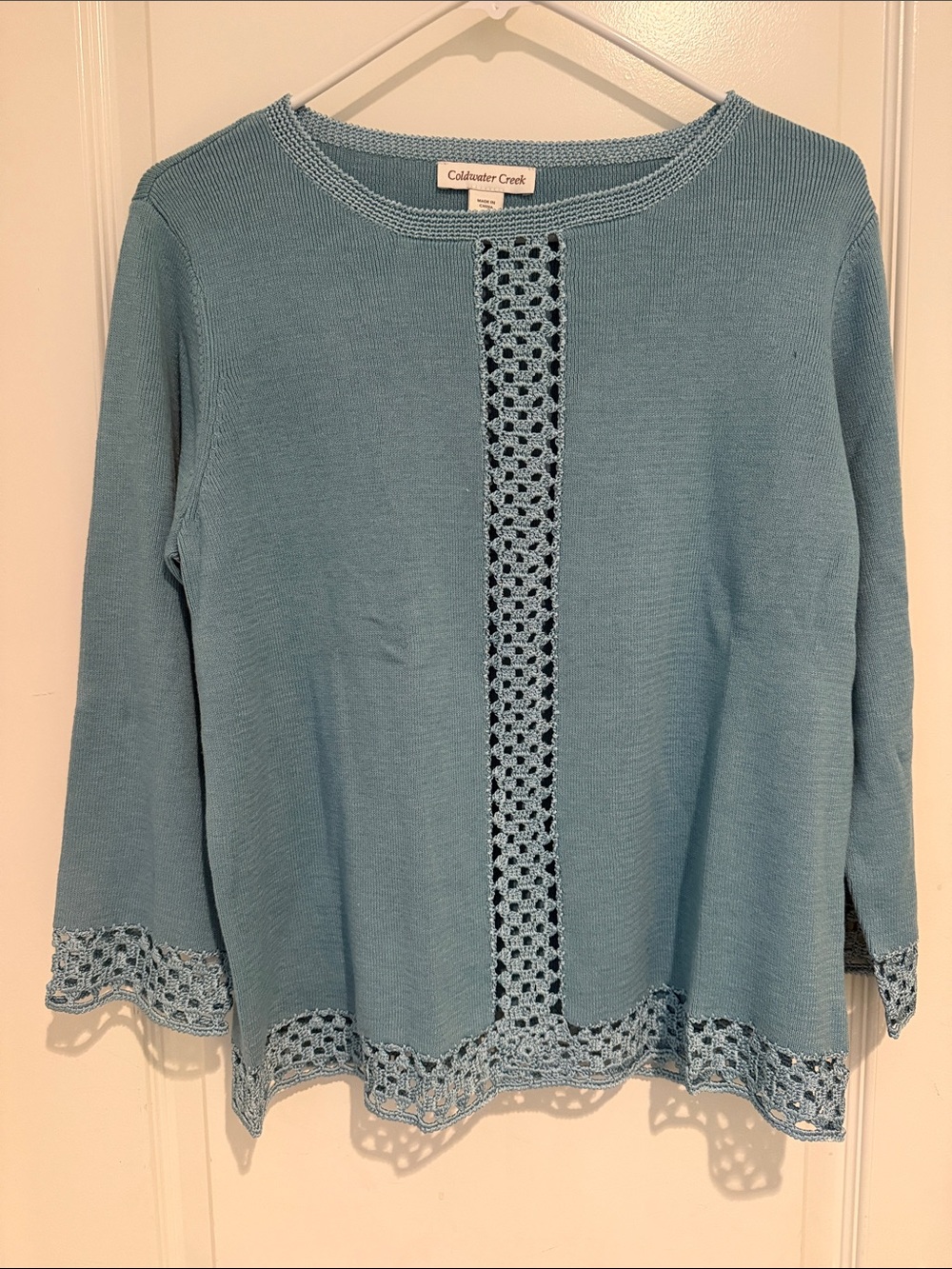 Coldwater Creek Womens Light Blue Crochet-Accent Knit Top 3/4 In Sleeves